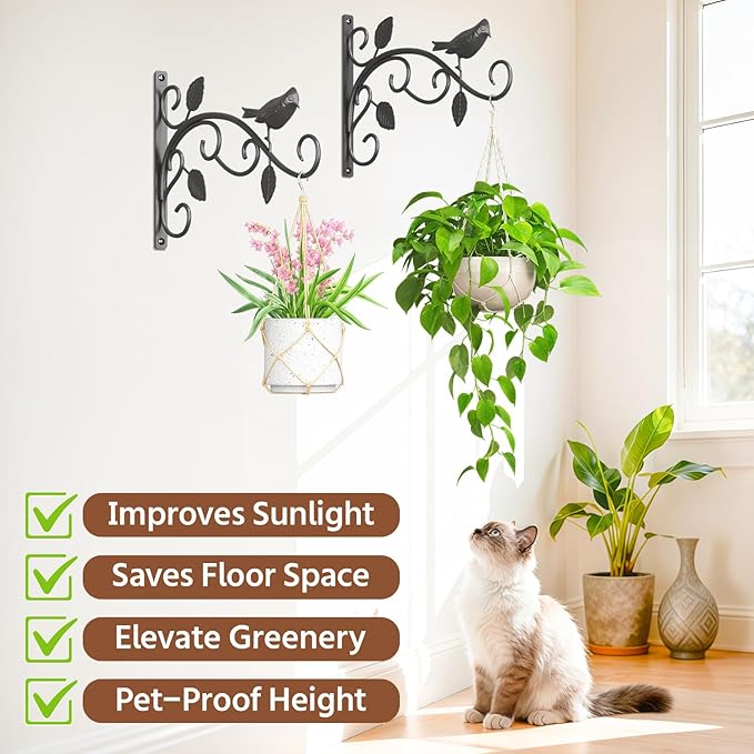LASZOLA 4 Pack 12 Inch Hanging Plant Brackets, Heavy Duty Iron Wall Hooks with Decorative Bird and Leaf, Rust Proof Metal Outdoor Fence Hangers for Bird Feeders, Planters, Wind Chimes, Lanterns, Black