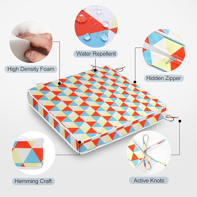 GUEGLSA Patio Seat Cushions 18 inch,Waterproof Square Chair Pad with Ties,18''x18'' Indoor Outdoor Chair Cushion for Garden Furniture,Set of 2,Mix Diamond