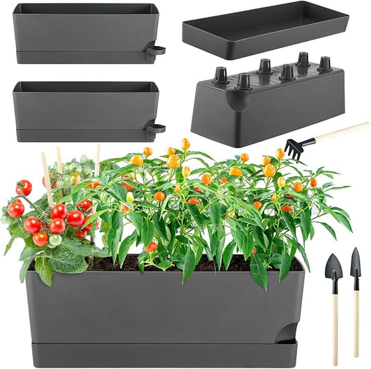4 Pack Self Watering Pots for Indoor Plants 17 Inches Window Boxes Planters Rectangular Flower Pots Rectangle Herb Pots Large Plant Pots with Drainage Holes and Saucers Windowsill Planter, Grey
