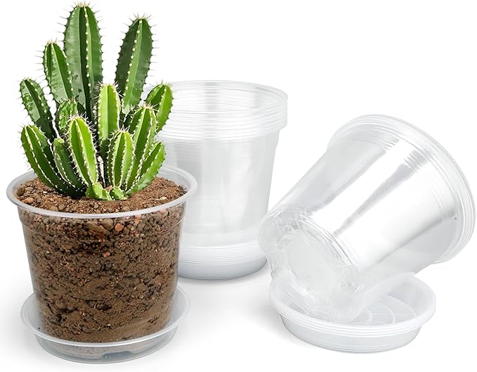 20 Pack 7 Inch Clear Nursery Pots with Drainage and Saucer, Clear Plastic Planter Pots for Plants, Flexible Seed Starting Pots for Succulents, Small Herbs, Annual Flowers (7 Inch)