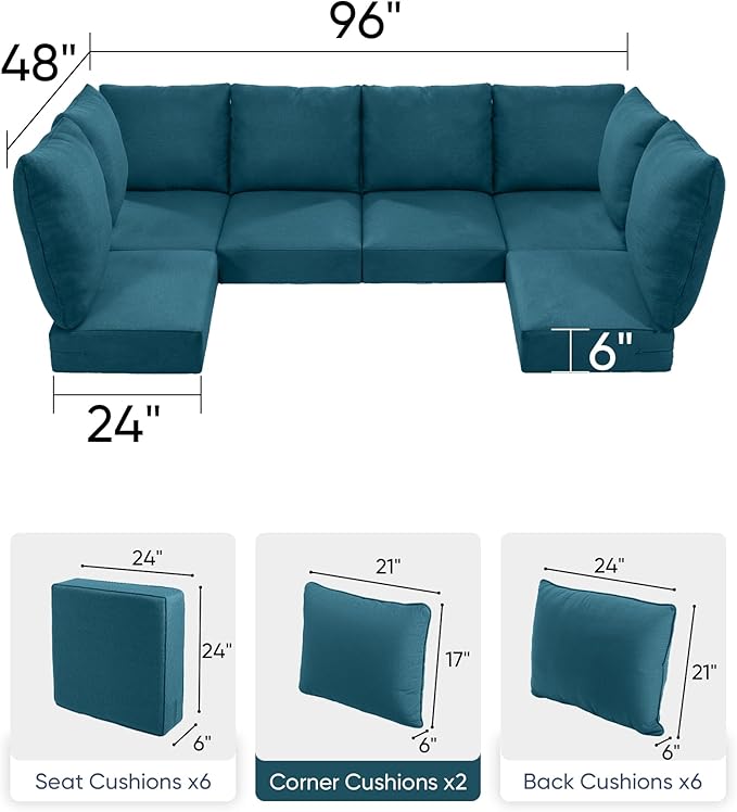 Luxury 24x24x6 Outdoor Seat Cushions for 6-Seat Sectional Sofa Set of 6 - Water-Repellent 14-Piece Patio Cushion Set for Outside Rattan Loveseat Chair L-Shape Couch - Peacock Blue/Classic