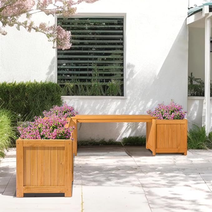 VINGLI Outdoor Wood Bench with Planter Boxes, 2-in-1 All-Weather Porch Bench Seat ＆ Open-Ended Wooden Raised Garden Bed, for Balcony Yard Patio (1 Box + 2 Boxes)