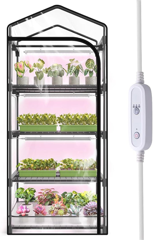 Mini Indoor Greenhouse with Grow Light, 4-Tier Plant Stand with Zippered Cover, Ventilation Window, Bottom Pouch, 20W Full Spectrum Plant Light with Timer for Seedling, 27"L x 19"W x 63"H