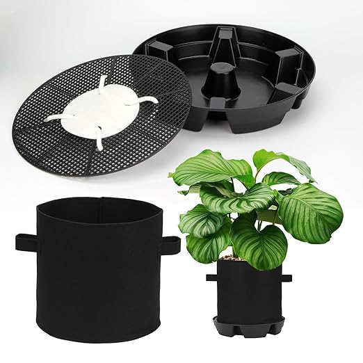 4Pack Self-Watering Pots Elevated Plant Saucers, Auto Plant Irrigation System Watering Devices with 5 Gallons Fabric Pot Base Grow Bags, Water Catcher Tray Accessories for Greenhouse GrowTent