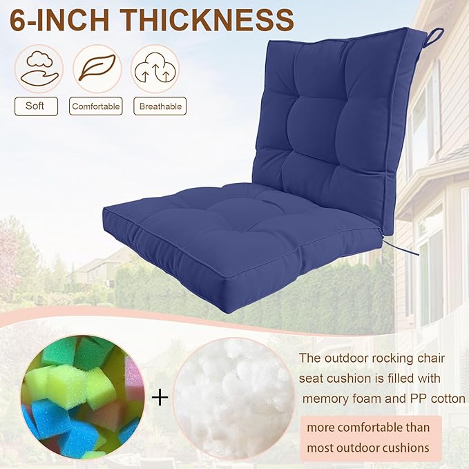 2 Piece Outdoor Patio Chair Cushions, Fade Resistant Outdoor Cushions for Patio Furniture, 6 inch Thickened Rocking Chair Cushions Set (Blue, 24x24x6 inch - 2 Pieces)