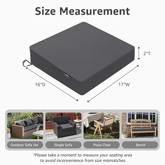 Outdoor Chair Cushions 17 x 16 x 2 Inch, Waterproof & Fade Resistant Patio Seat Cushion for Furniture with Handle and Ties, Thick Seating Pads for Outside Sofa Couch Set of 2, Grey