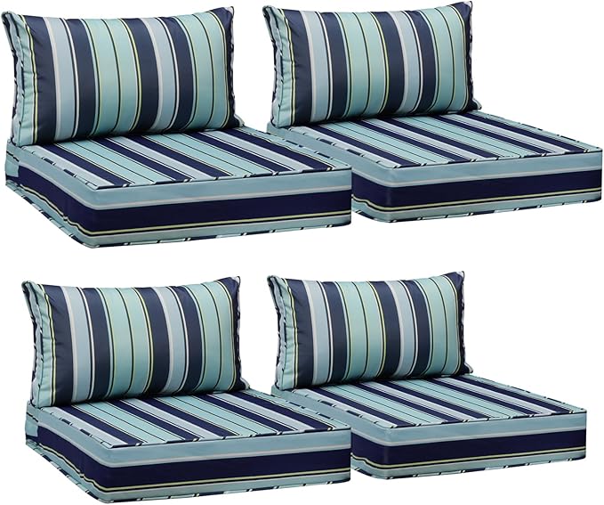 AAAAAcessories Outdoor Seat Cushions for Chairs, Fade-Resistant, Waterproof Patio Furniture Replacement Cushions, 24" x 24" x 5" + 24" x 13.5", Set of 4, Ash Teal Seaside Stripe