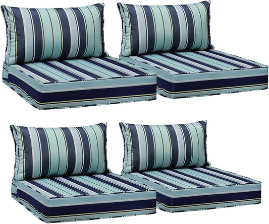 AAAAAcessories Outdoor Seat Cushions for Chairs, Fade-Resistant, Waterproof Patio Furniture Replacement Cushions, 25.5" x 25.5" x 5" + 25.5" x 13.5", Set of 4, Ash Teal Seaside Stripe