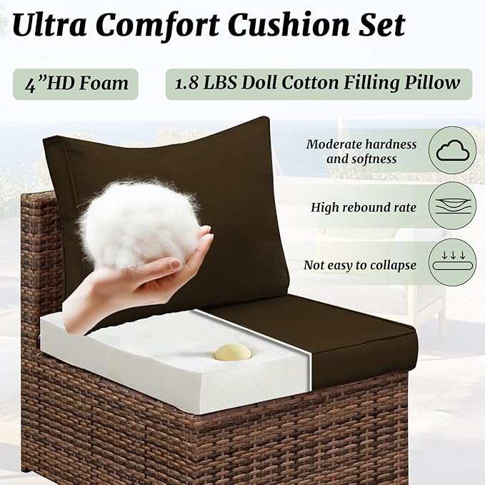 Outdoor Sectional Cushions Replacement Set, 26x26in Patio Furniture Cushions, 14 Pieces Waterproof Outdoor Couch Cushion for 6 Seat Wicker Conversation (Coffee)
