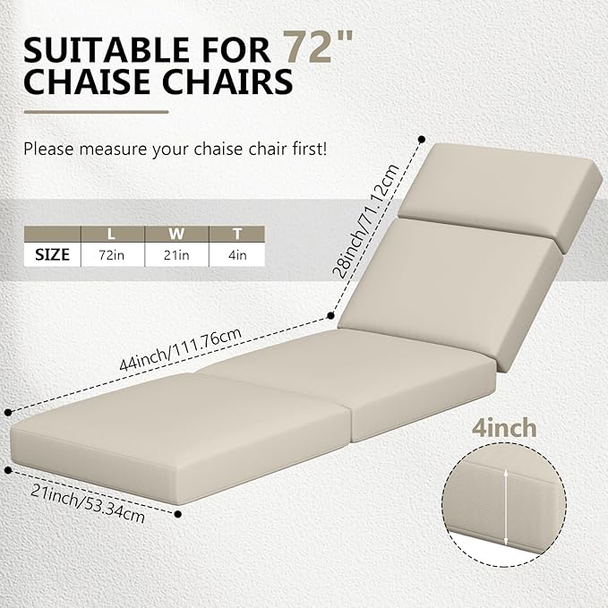 Chaise Lounge Cushions Outdoor, 72 x 21 x 4 Inch Lounge Chair Cushions for Outdoor Furniture - Waterproof Lounge Patio Replacement Cushion, 4In Fade-Resistant ThickPatio Chaise Lounge Cushion