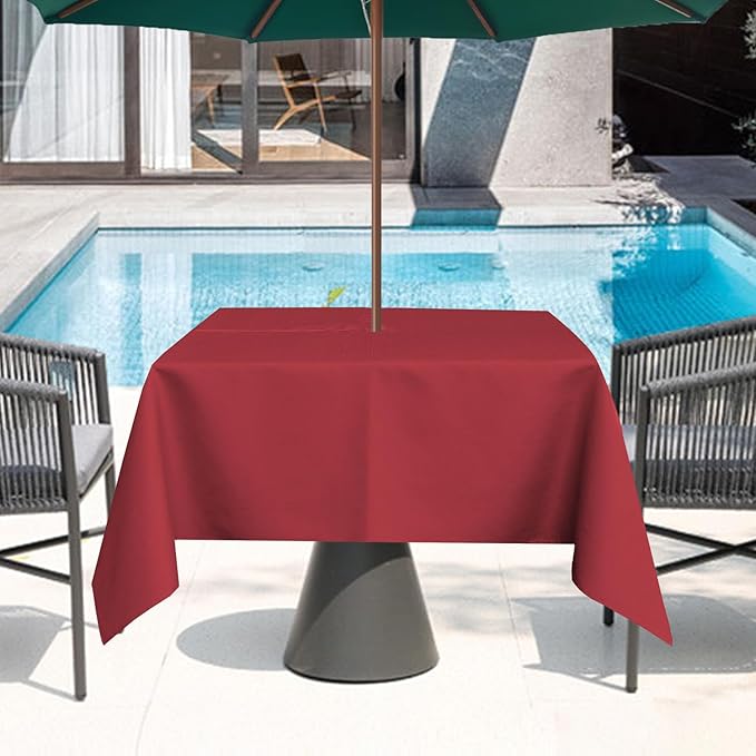 Outdoor Tablecloth Wrinkle-Free Stain Resistant Waterproof Polyester Fabric Table Cover with Zipper Umbrella Hole for Picnic/Party/Dinner/Patio Garden(60×60inch Square,Zippered,Red)
