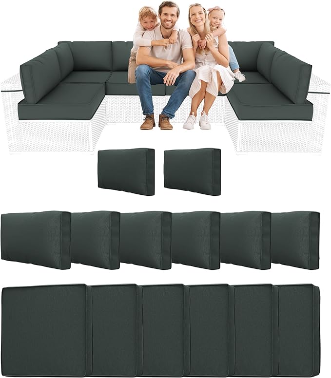 14 Piece Outdoor Sectional Cushions, Water-Resistant Outdoor Sofa Cushions Replacement, 4" High Density Foam Patio Furniture Cushions Fits 6-seat Rattan Conversation Set (Dark Gray)