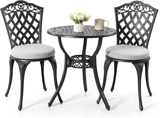 NUU GARDEN Patio Bistro Set 3 Piece, Outdoor Cast Aluminum Bistro Table and Chair Set of 2, Outdoor Patio Bistro Set with Gray Cushions and Umbrella Hole for Balcony, Garden, Lawn, Black