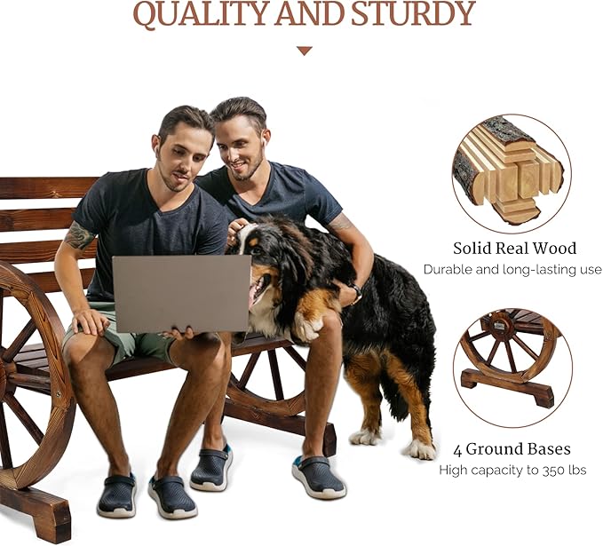 VINGLI 41" Rustic Outdoor Wooden Bench, 2-Person Patio Wagon Wheel Bench with Slatted Seat, Weather Resistance Garden Benches for Outdoors 350lbs High Capacity for Yard Porch Ourdoor Decor