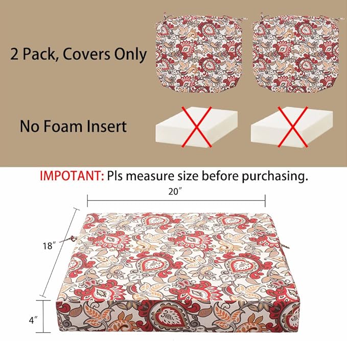 Magpie Fabrics Indoor Outdoor Cushion Cover Replacement 2 Pack, NO Insert! Water Repellent Slipcover with Ties Decor for Patio Garden Chair Seat Sofa Bench Wicker(Floral Red Orange, 20x18x4 Inch)