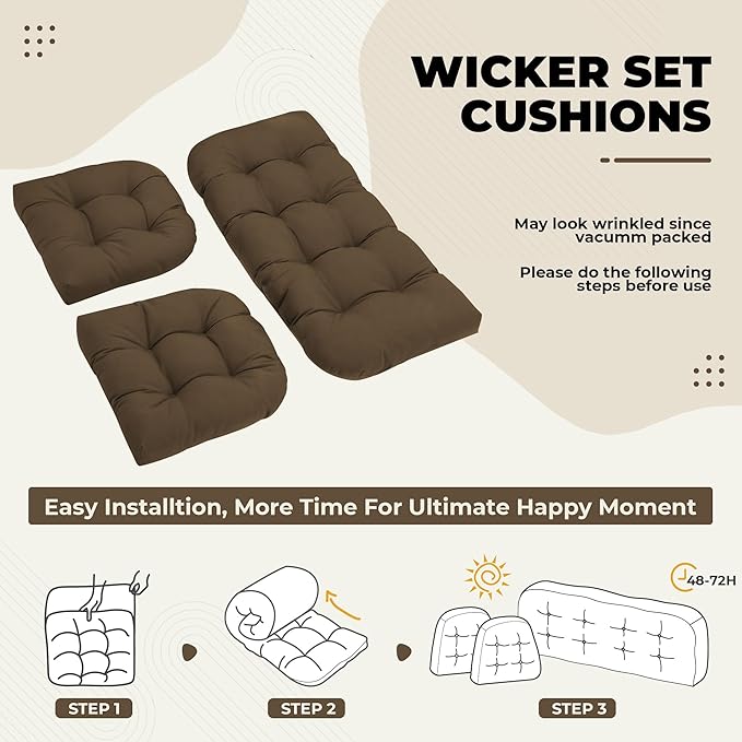 Wicker Chair Cushions, Waterproof Outdoor Loveseat Cushions for Patio Furniture, Tufted Wicker Furniture Cushions, 1 Loveseat and 2 U-Shaped Cushions, Brown