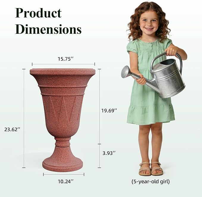 23.6" Tall Plastic Urn Planters for Outdoor Plants with Drainage Holes & Trophy Design, Set of 2 Sturdy Base Classic Indoor Large Flower Pots, Outdoor Planters for Porch/Home, Brick Red/Brown
