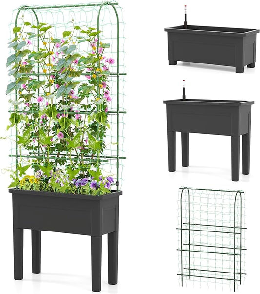 Giantex Raised Garden Bed with Legs & Trellis for Climbing Plants, Self-Watering Planter Box w/Water Level Gauge, for Vine Flower Herb Vegetable (29.5"x13.5"x76")