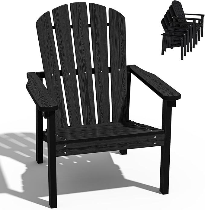 nevilywood Compact Stackable Adirondack Chairs, 26.3" Wide HDPE Outdoor Patio Chairs - Durable, Space-Saving Design for Porch, Lawn or Garden, Black