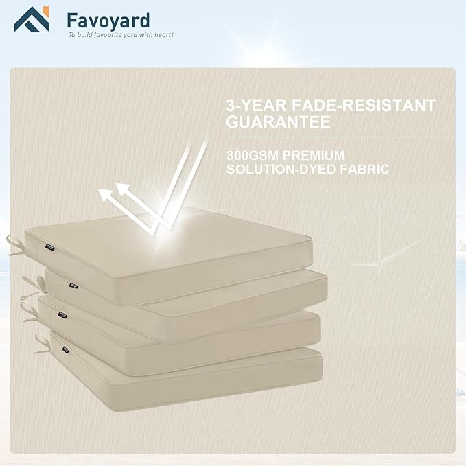 Favoyard Outdoor Chair Cushions 19" x 19" x 2" Set of 4 Patio Chairs Cushions 3-Year Fade Resistant & Water-Resistant Cushions for Outdoor Furniture with Hidden Zipper, Attach Straps for Dining Chairs