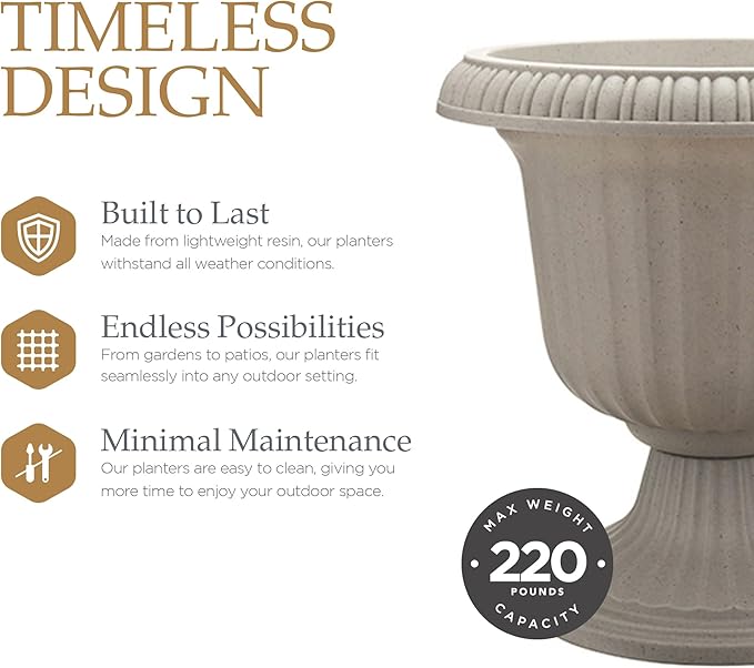 Southern Patio 14 Inch Large Outdoor Home Lightweight Plastic Utopian Urn Flower Planter Pot for Entryways and Backyard Patios, Stone