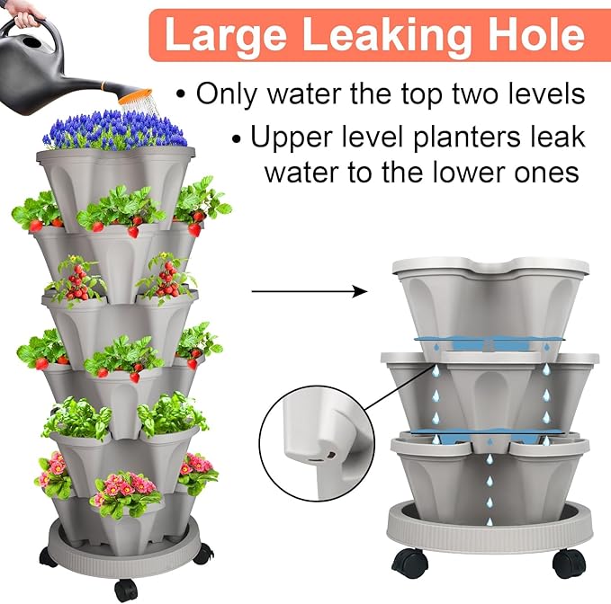 GameXcel Vertical Planter Tower- 6 Tier Stackable Garden Planter with Wheels and Tool Set – Grow Strawberries Herbs Flowers and Vegetables - Indoor Outdoor Use Gray