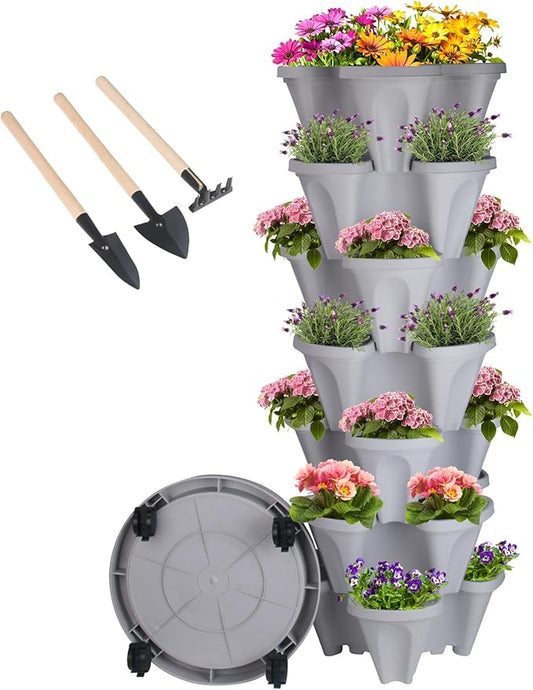 GameXcel Vertical Planter 7 Tier Stackable Planters Garden Planters Strawberry Herb Flower and Vegetable Planter Indoor Outdoor Gardening Pots with Removable Wheels and Tools
