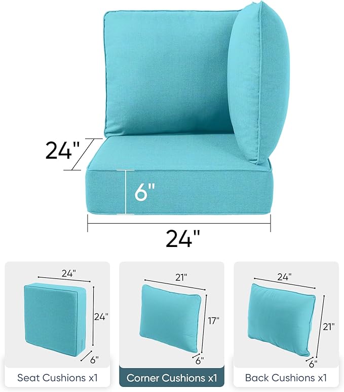 Luxury 24x24x6 Outdoor Corner Cushion 1 Set - Water-Repellent 3-Piece Cushion Set with Zipper for Outside Wicker Sofa Loveseat Chair Sectional Patio Conversation Sets - Turquoise/Classic