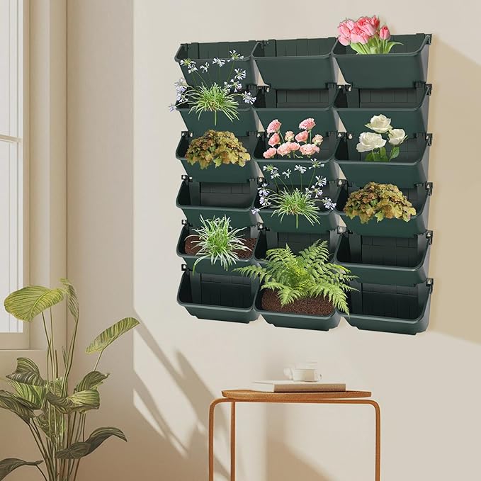 Eapmic Vertical Wall Planter with 18 Pots, Hanging Garden Plant Flowerpot Holder, Stackable Wall-Mounted Planter, Balcony Planters for Flowers Vegetables Fruits (Dark Green, 18 Pots)
