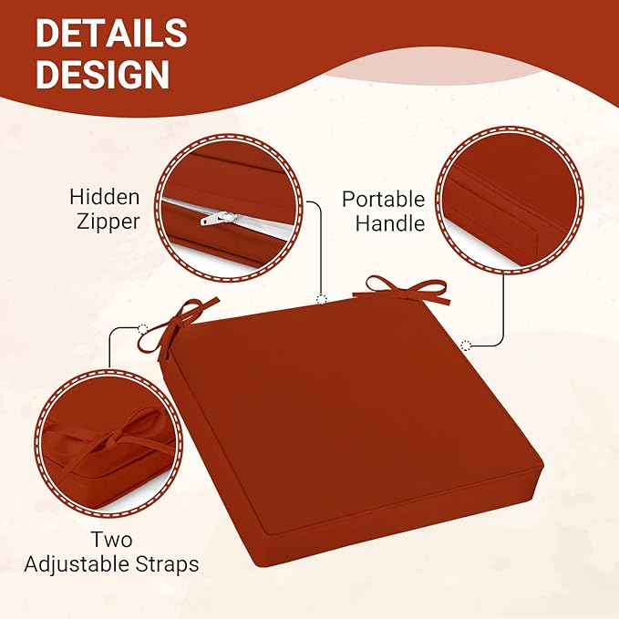 downluxe Waterproof Outdoor Chair Cushions Set of 4, 19" x 19" x 3" Patio Chair Cushion with Non-Slip Ties & Handle, Square Outdoor Cushion for Patio Furniture with Removable Cover, Orange