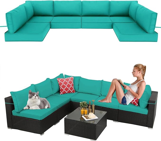 14 Pieces Outdoor Sectional Replacement Cushions for Patio Furniture, 4in Thick Outdoor Sofa Cushions for 6 Seat, Waterproof Deep Seat Couch Patio Cushion Set (Lake Blue)