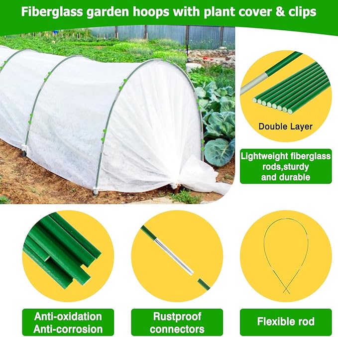 10x50ft Plant Cover Freeze Protection Garden Hoops Kit for Winter, Fabric Floating Row Cover Frost Cloth Outdoor Plant Blanket for Frost Snow Protection, Greenhouse Garden Tunnel Hoops for Raised Beds