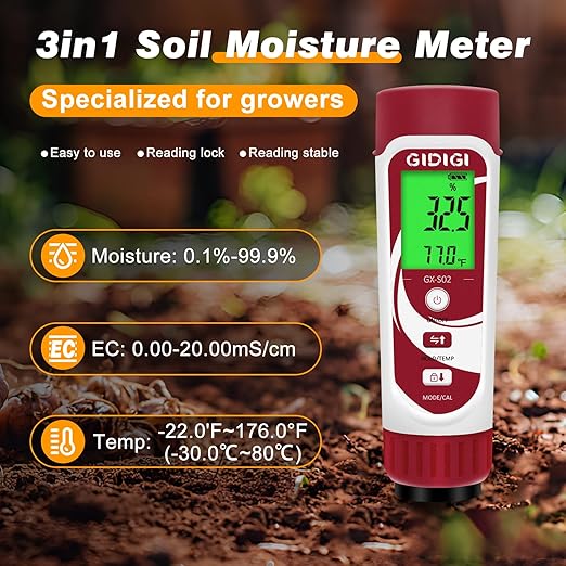Moisture Meter for Plants, 3 in 1 Digital Soil Moisture Meter，Soil Moisture Meter and Soil EC Meter for Farms, Gardens, Orchards, Home Planting, Indoor Plants, Composting and Other Scenarios