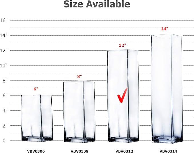 WGV Tall Square Vase Glass Block Bulk, Length 3", Height 12", Clear Bud Floral Container, Candle Holder, Planter Terrarium for Wedding Party Event, Home Office Decor, 12 Pieces