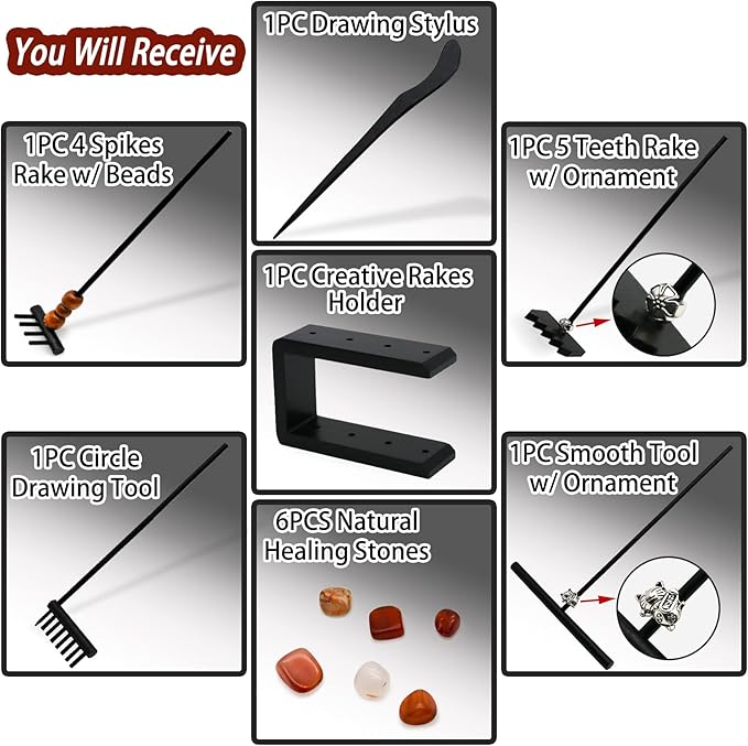 Mini Zen Garden Rake Set - 12 Piece Black Bamboo Sand Rakes with Storage Stand & 6 Crystals - Desktop Meditation Tools for Adults, Stress Relief Zen Gift