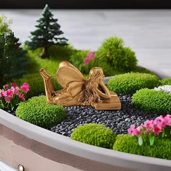 Fairy Figurines - Golden Fairy Reading Statue for Garden, Home Decor, Small Outdoor Angel Figurines, Unique Gift Idea