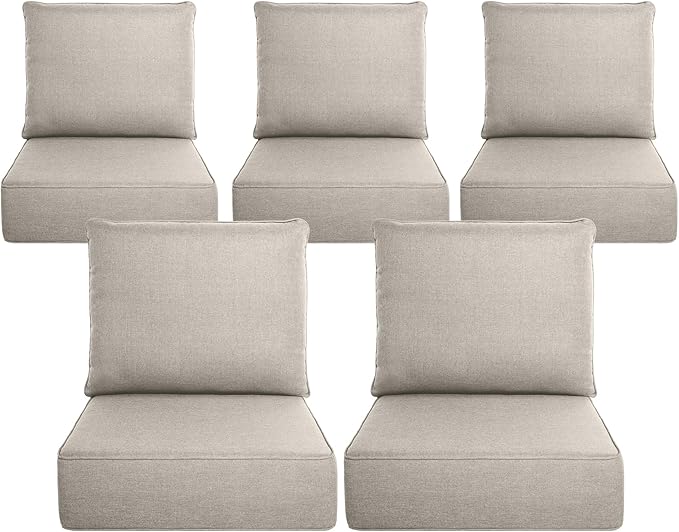 Belord Luxury 6" Thick Outdoor Cushion 5 Set - 24 x24 Inch 28D Sponge Filling Fade-Resistant Chair Cushion, Spill Proof Removable Patio Furniture Replacement Cushion for Sofa Bench Swing - Beige