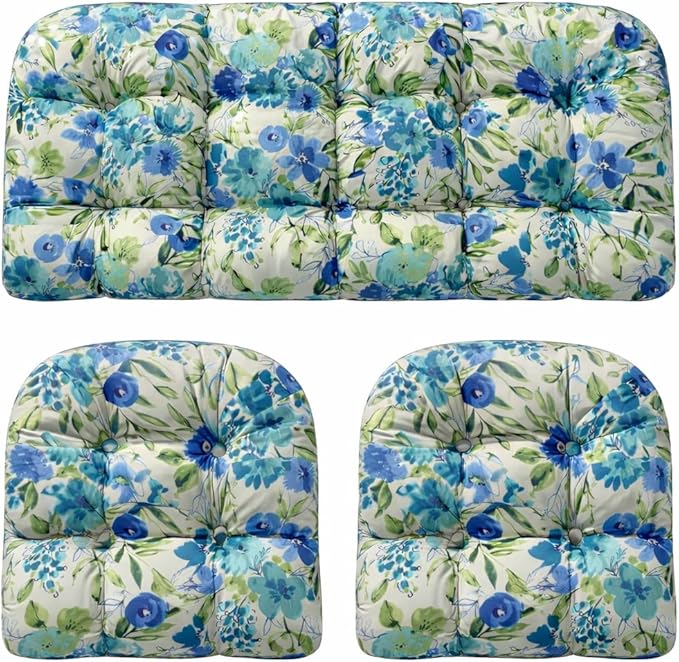 RSH DECOR: 3-Piece Wicker Tufted Cushion Set | 44" x 22" Loveseat & 22" x 22" U-Shapes | Outdoor Replacement Cushions | Water & Fade-Resistant Spun Fabric | Made in USA (Bettina Aqua)
