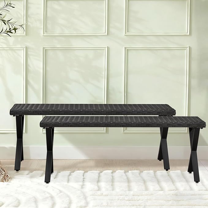 Outdoor Rattan Backless Bench Set of 2, Weatherproof Patio Bench with Seat and X-Shaped Legs, All-Weather Garden Bench for Porch, Patio, Lawn and Backyard, Black
