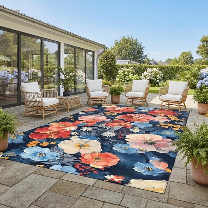 Vintage Floral 8x10 Outdoor Area Rug Country Rustic Navy Blue Red Pink Flower Pattern Outdoor Rug for Garden Backyard Balcony Patio Deck Washable Quick Dry Thin Carpet Waterproof Picnic Camping Mat