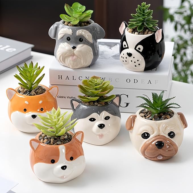 Dog Planter Pots - 6 Pack Ceramic Succulent Pots with Drainage and Saucers, Cute Flower Pots for Indoor Plants, Small Plant Pots Dog Vase for Succulent, Cactus, Garden, Home Decor, Gift Set