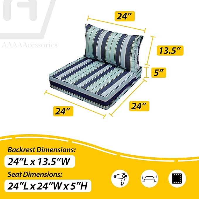AAAAAcessories Outdoor Seat Cushions for Chairs, Fade-Resistant, Waterproof Patio Furniture Replacement Cushions, 24" x 24" x 5" + 24" x 13.5", Set of 4, Ash Teal Seaside Stripe