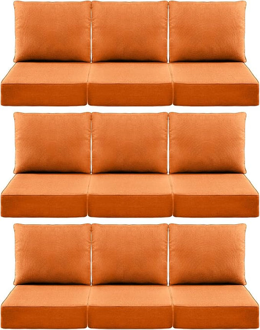 Luxury 6" Outdoor Cushions for Patio Furniture, 24x24x6" Thick Seat Cushion Set of 9, Fade Resistant Couch Chair Replacement Cushions High Density Deep Wicker Chair Cushion w/ Removable Cover, Orange
