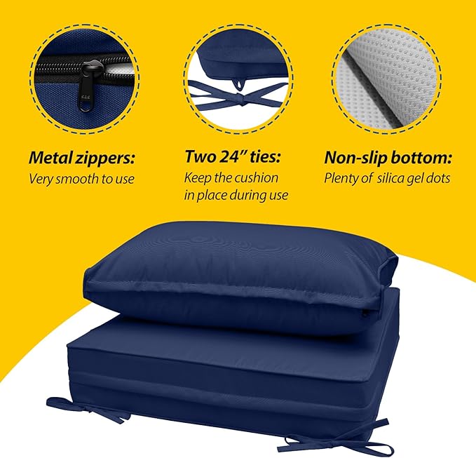 AAAAAcessories Outdoor Seat Cushions for Chairs, Fade-Resistant, Waterproof Patio Furniture Replacement Cushions, 24" x 24" x 5" + 24" x 13.5", Navy Blue