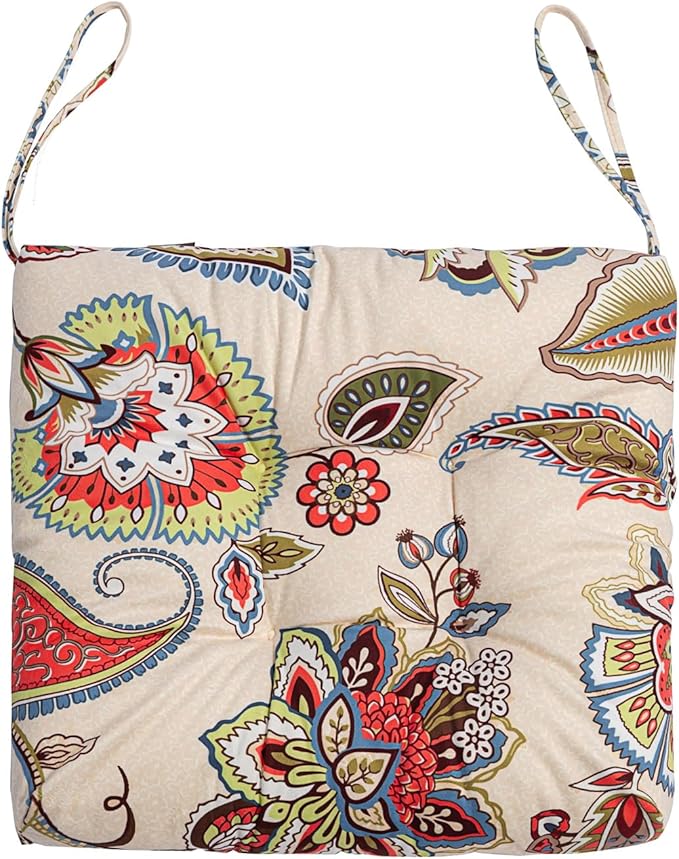 2-Pack Outdoor/Indoor Wicker Patio Seat Cushion Pad with Ties - Dining Chair Cushion, 17" x 17" (Khaki Floral)