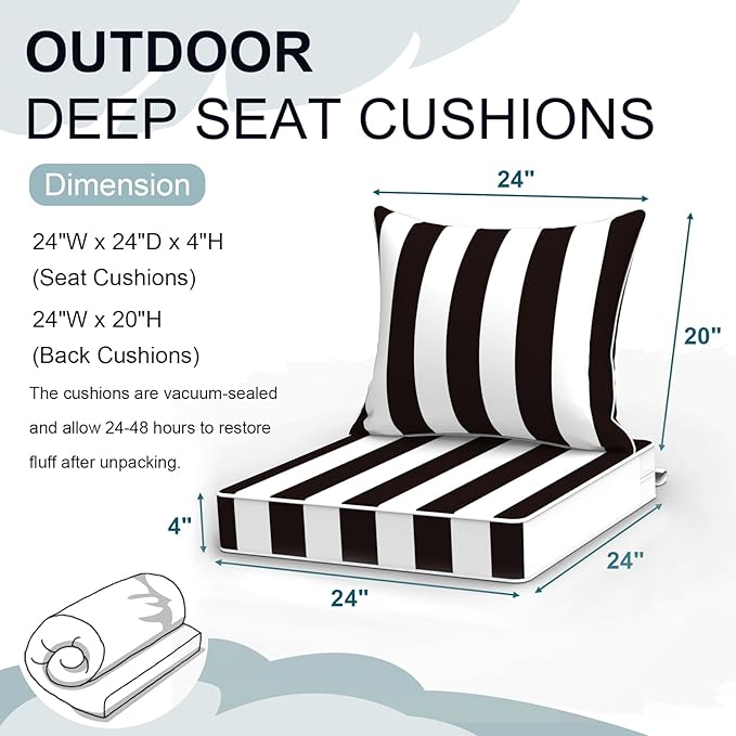 Outdoor Deep Seat Cushion Set, Water Repellent 24"x24" Patio Thick Cushions Replacement with Seat & Back Pillow for Patio Sofa, Wicker Chair, Couch - Cabana Black