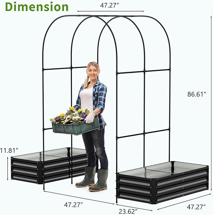 DoCred 3 in 1 Raised Garden Bed with 87in Tall Arch Trellis for Climbing Plants, Galvanized Planter Garden Box Outdoor for Gardening, Climbing Vegetables, Flower, Black