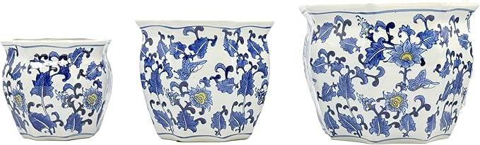 Galt International Blue & White w/Yellow Accent Round Fluted Floral Porcelain Ceramic Plant Flower Planter Pot Set of 3 (7.5", 10", 13") Garden Pots Chinese Asian Design