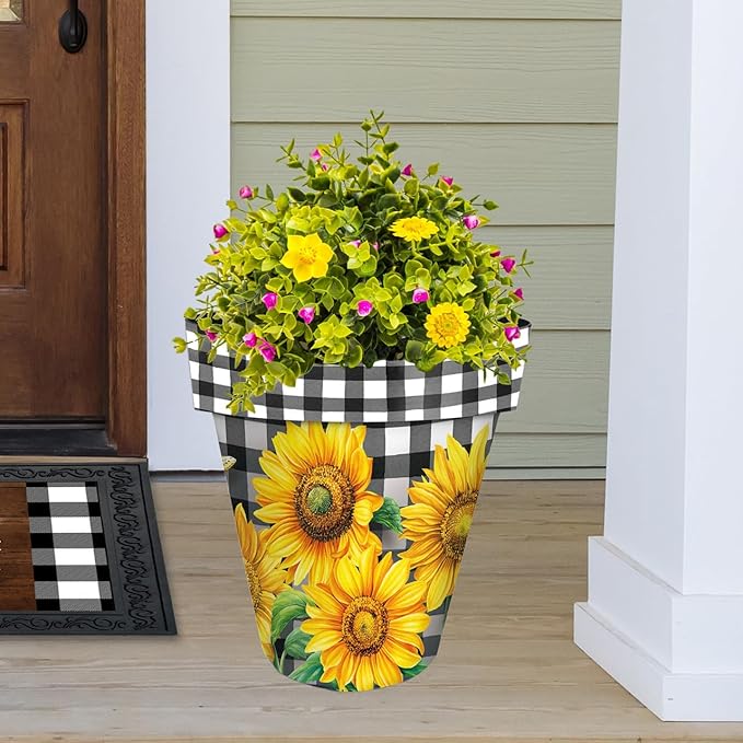 Briarwood Lane Summer Planter 14" x 15" x 15" Checkered Sunflowers Decorative Large for Summer Planter