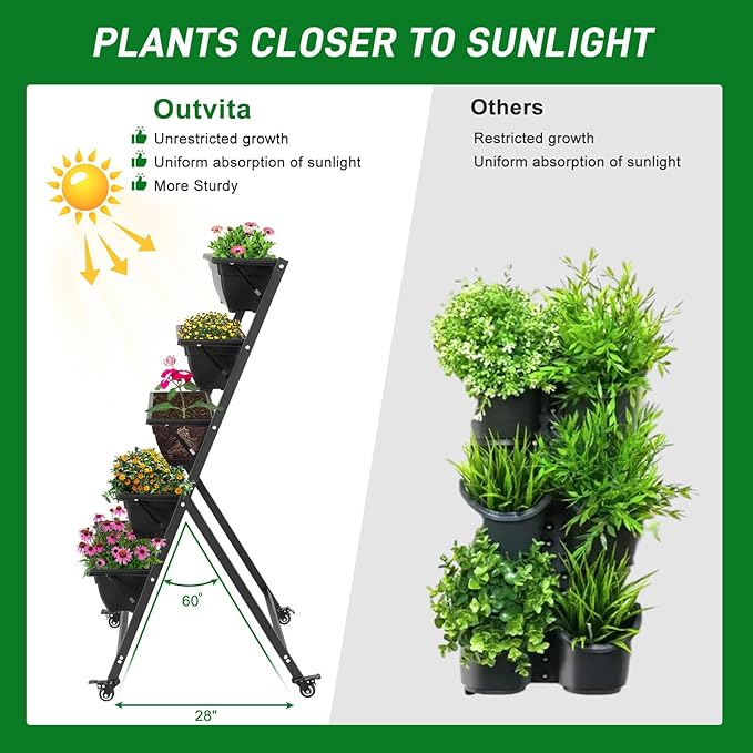 5 Tier Metal Vertical Raised Garden Bed,Tiered Planter Stand with Wheels,Vertical Garden Planter for Indoor & Outdoor,Vegetable Flower Raised Stand,for Patio Balcony Lawn Porch Yard (Black)